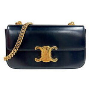 CELINE Claude Chain Shoulder Bag Black Shiny Calfskin